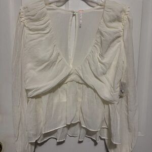 Free People Cream Ruched Ruffled Blouse